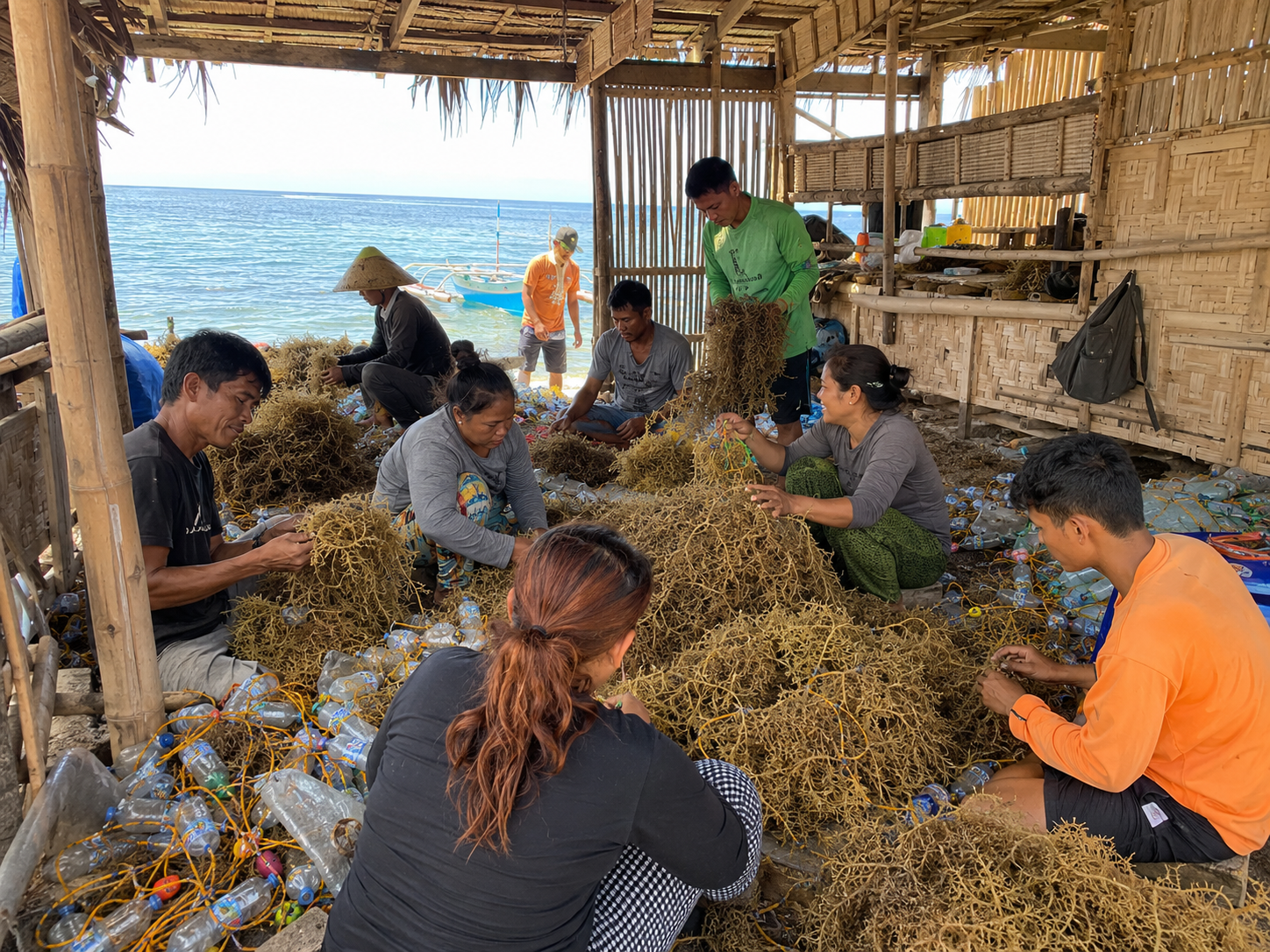 Families working together, sorting and tying seaweed