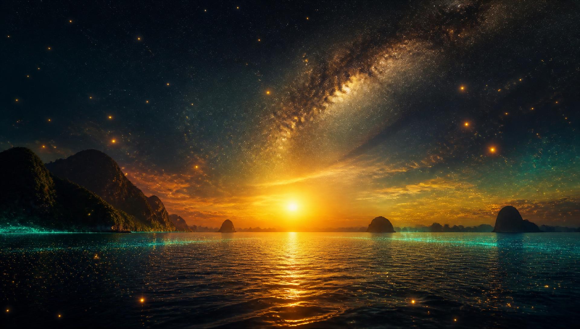 Magical rising sun over Palawan seawater beneath a galaxy sky